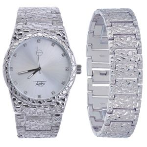 Mens 14K White Gold PT Iced Out Watch and Bracelet